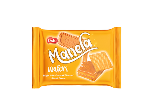 Manela, napolitană cu cremă de biscuiți cu aromă de caramel, 25g